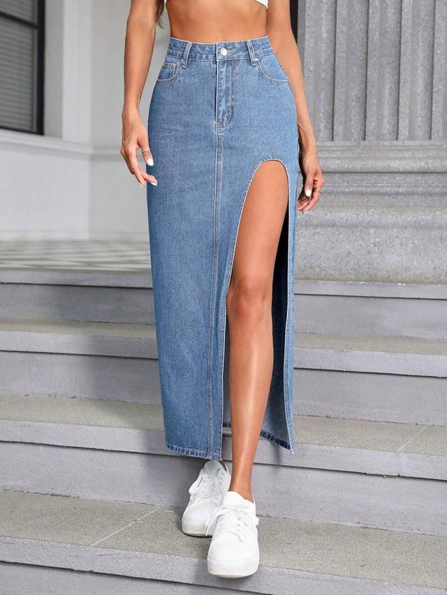women's fashionable high-waisted high-slit denim skirt
