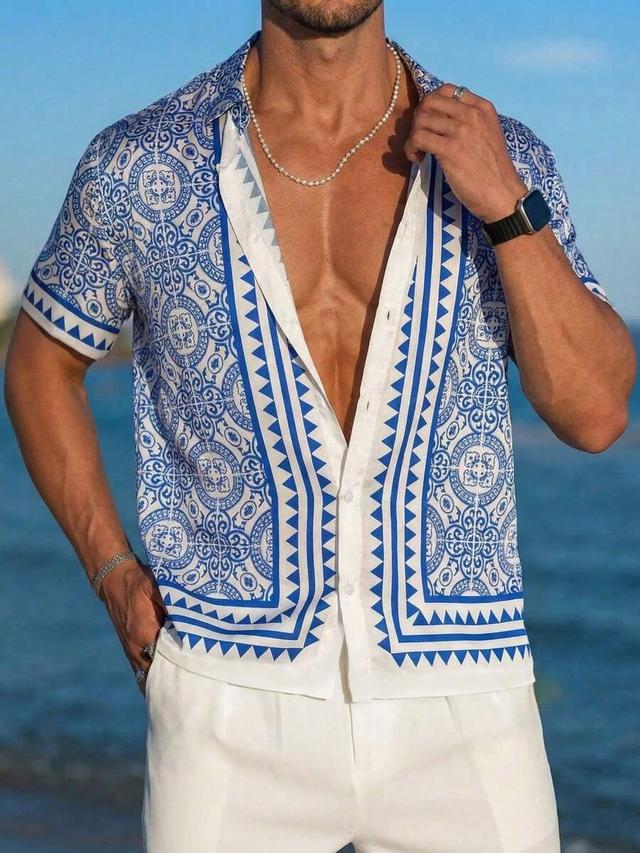 men's mediterranean tile print silk vacation shirt