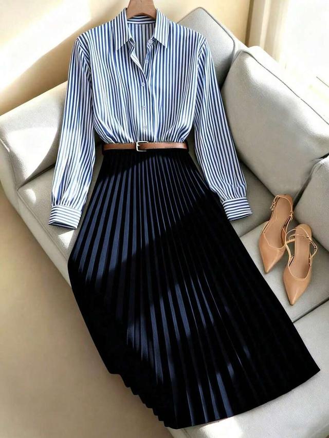 franclia elegant casual pleated striped color block dress