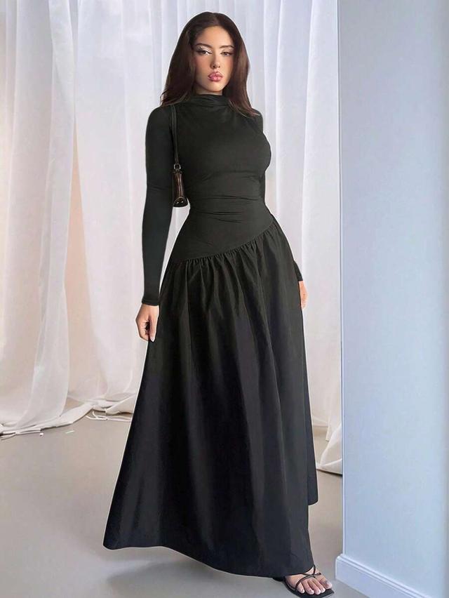 elegant solid black knit splice waist maxi dress