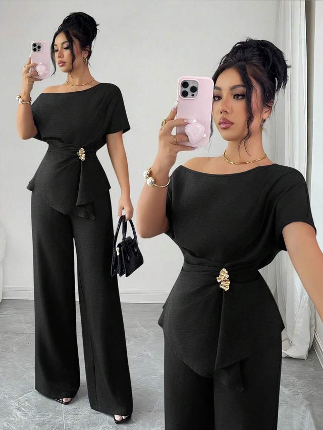 black asymmetric one shoulder metal buckle waist co-ord set