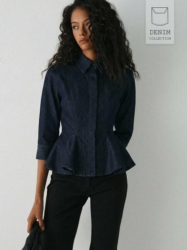 dark wash stretch denim peplum button down blouse
