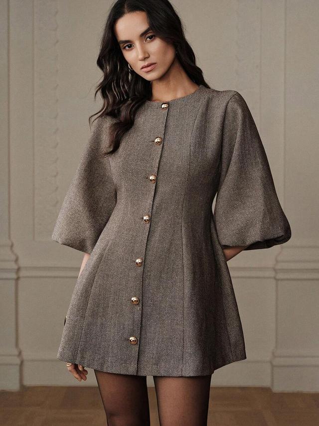 brown herringbone knit lantern sleeve button-front dress