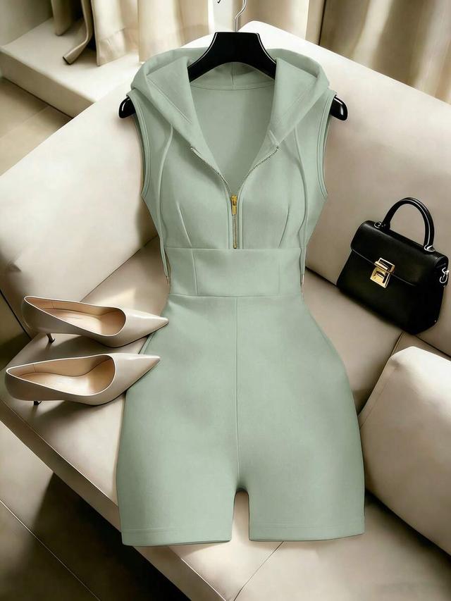 sage green sleeveless hooded zip-front playsuit