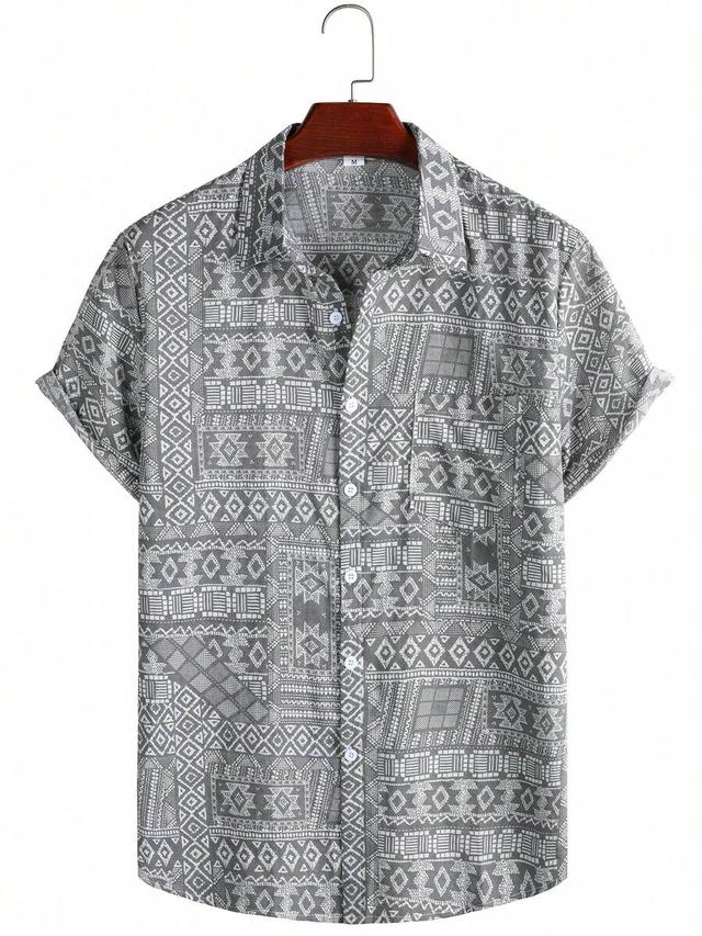men's grey geometric print short sleeve button-down shirt