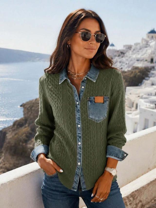 green cable knit patchwork denim shirt jacket