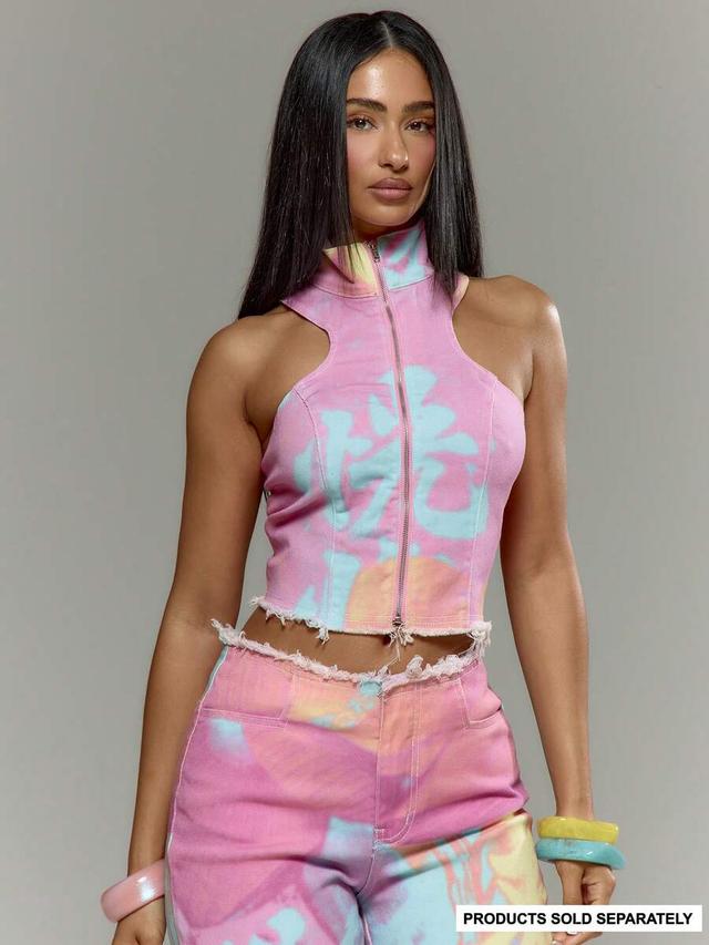 printed denim zip front sleeveless crop top