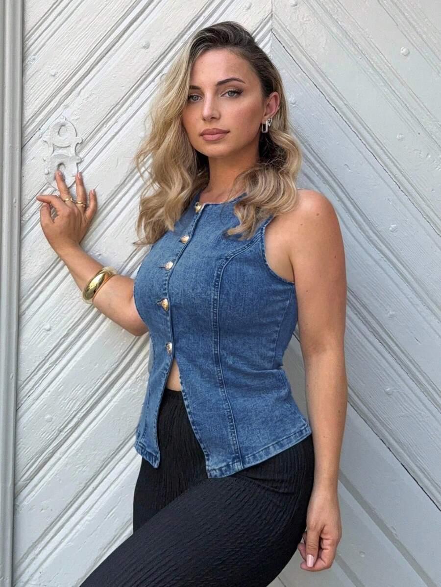 sleeveless denim vest top with gold button detail