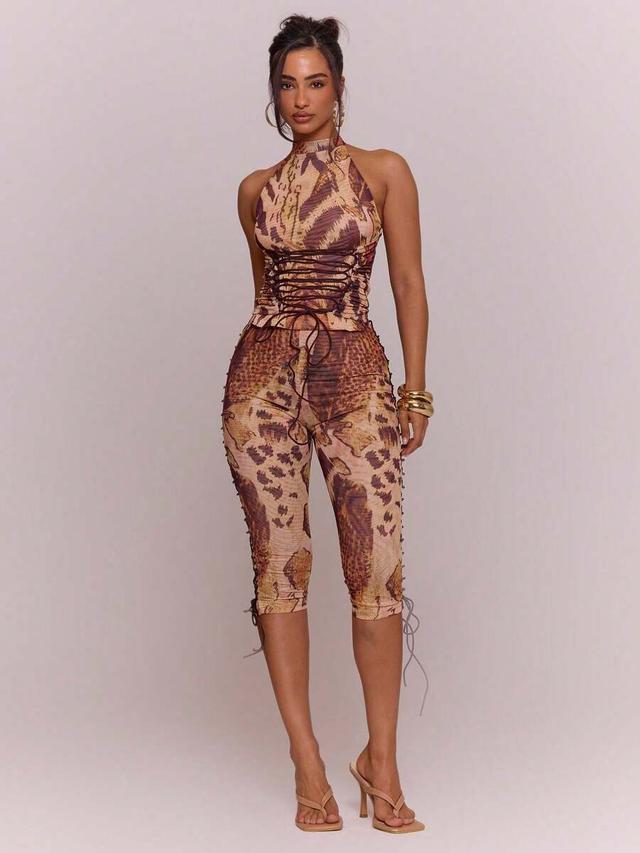 tiger print elasticated waist lace up sides capri pants