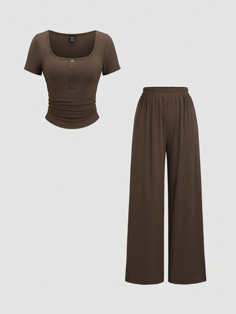 brown ribbed square neck matching set