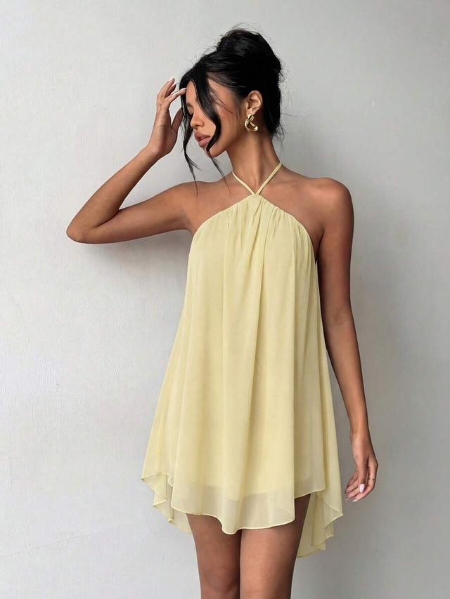 pale yellow halter neck chiffon mini dress