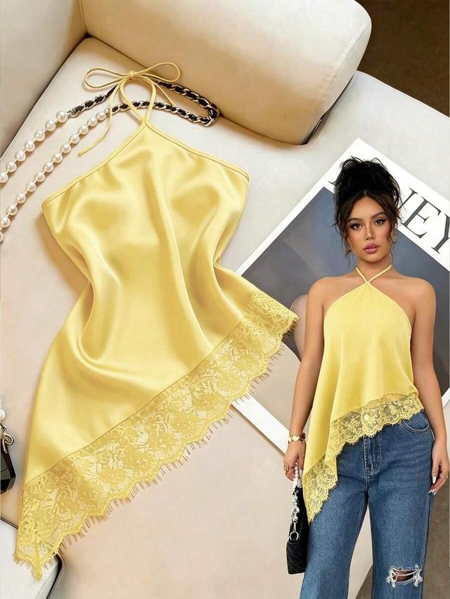 yellow satin halter neck lace trim asymmetric top