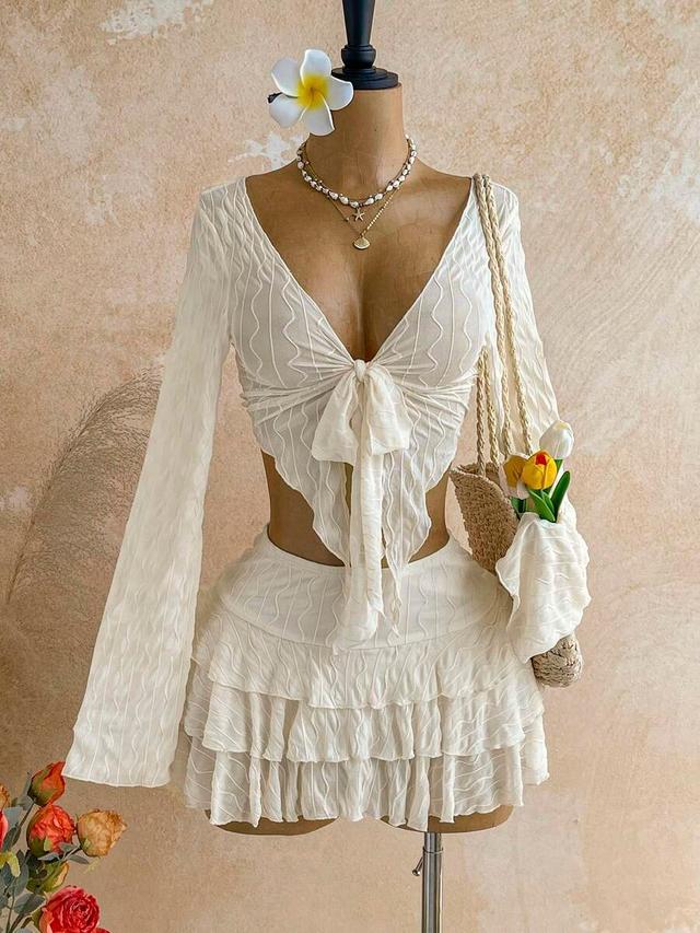 cream white textured tie front long sleeve skirt set