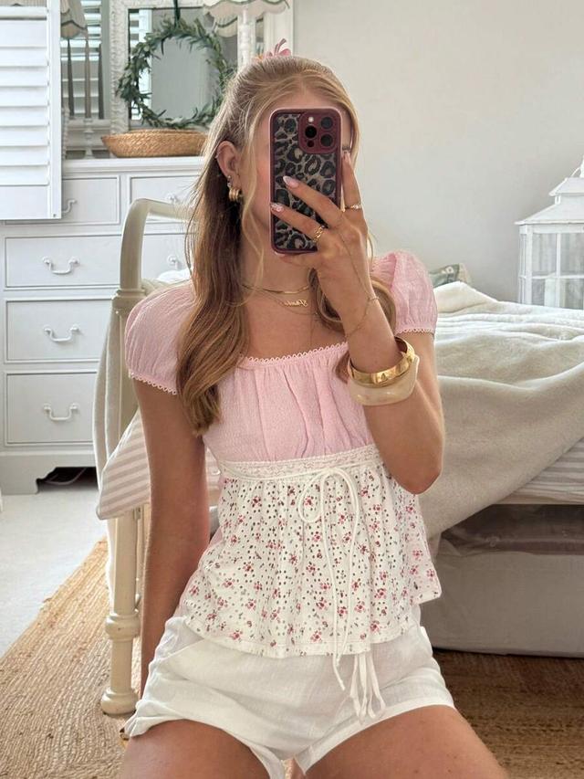 pink floral square neck smocked tie front top