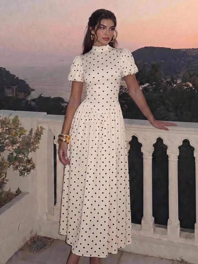 ivory polka dot maxi dress with puff sleeves