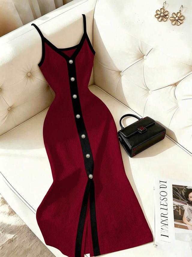 burgundy ribbed knit cami dress with button placket