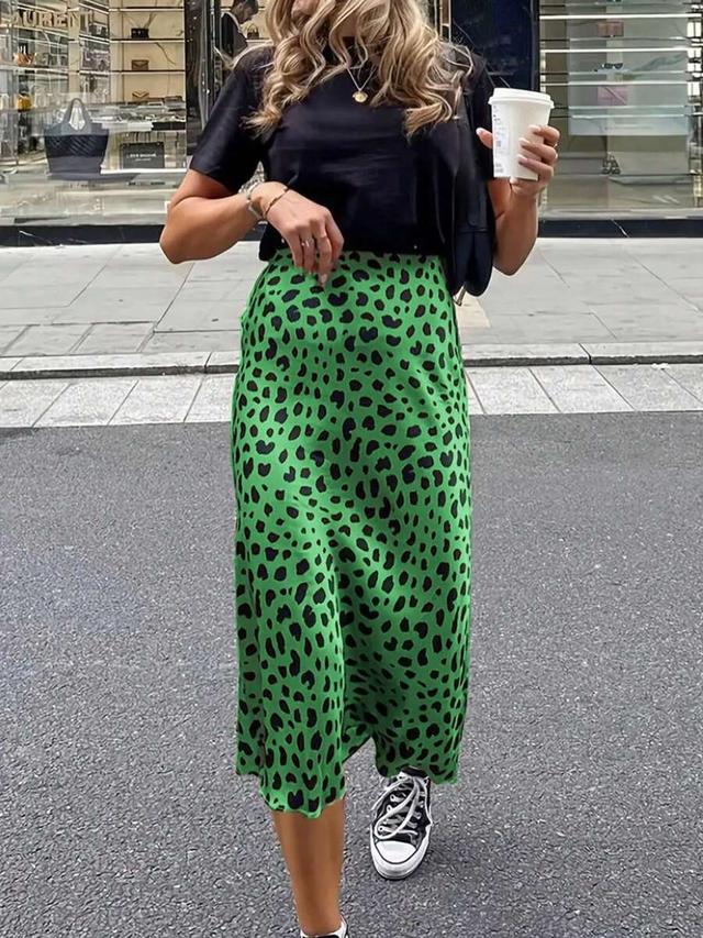 green leopard print midi skirt