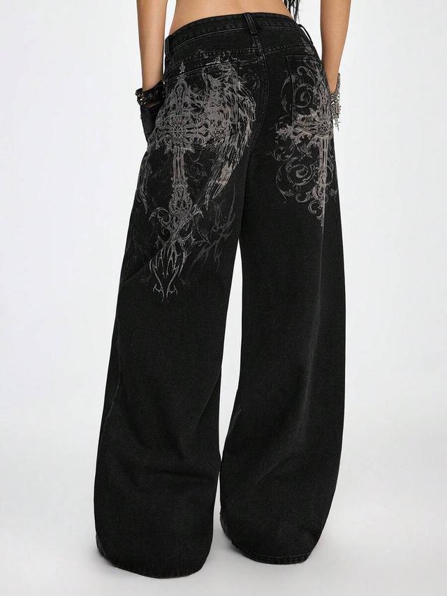 black wide leg denim jeans with gothic print