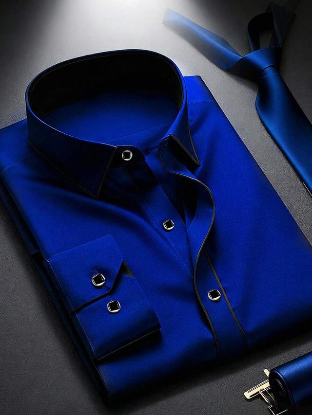 luxury royal blue woven long sleeve shirt with contrast trim