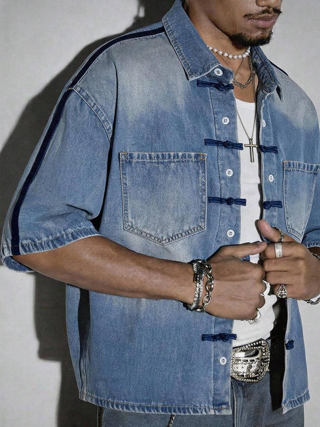 distressed denim shirt with frog button closure