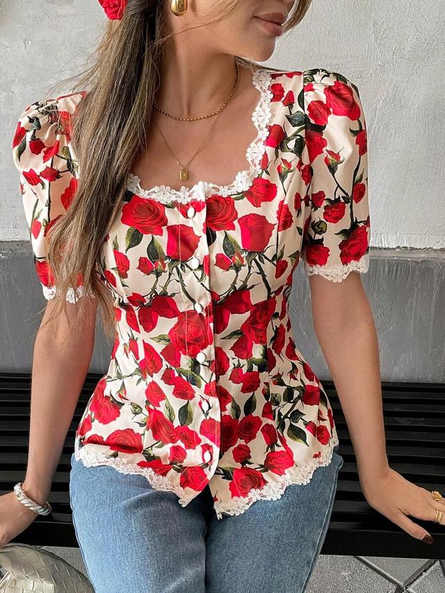 red rose print blouse with contrast lace trim