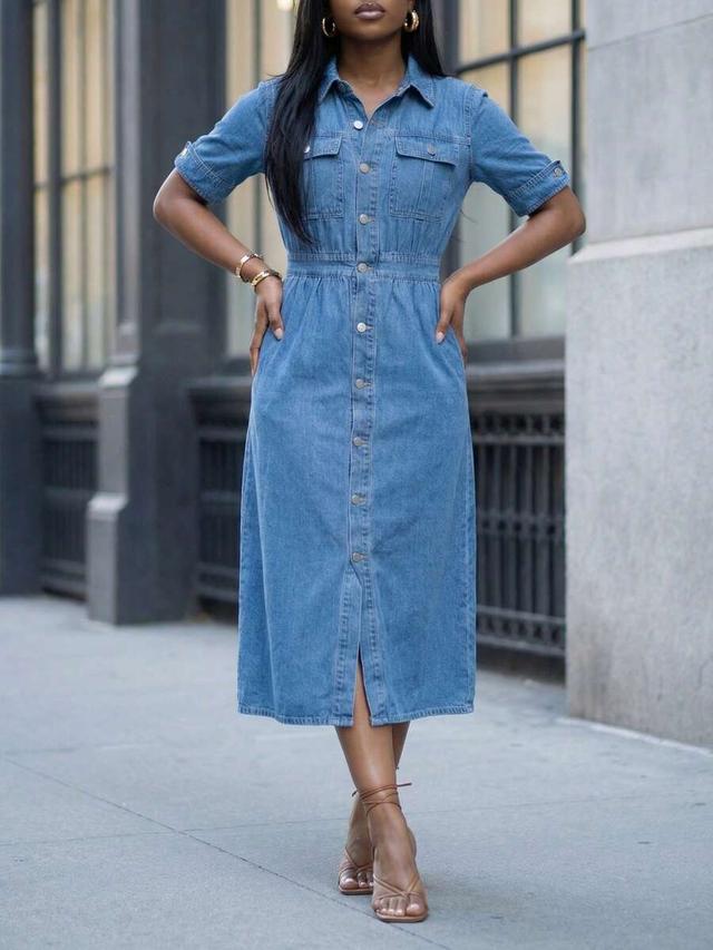 Women's High Waisted Denim Shirt Midi Dress