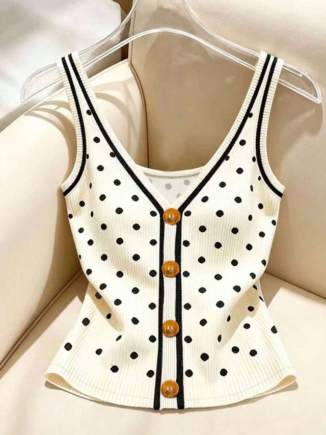 vintage polka dot print knit camisole with button trim