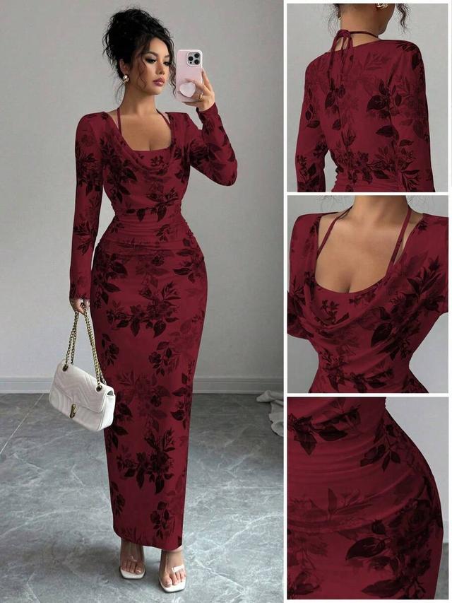 burgundy floral print draped neck long sleeve midi dress