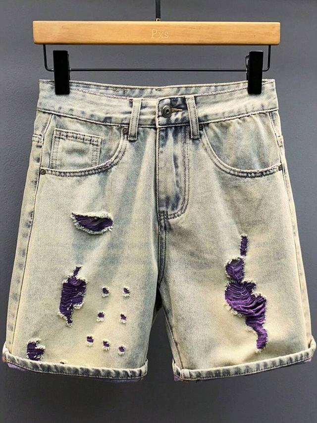 men retro vintage washed denim shorts with distressed holes