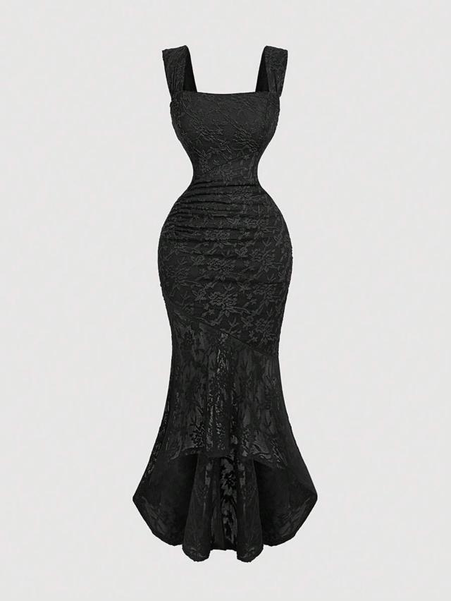 black flocked fabric asymmetrical hem ruched side dress