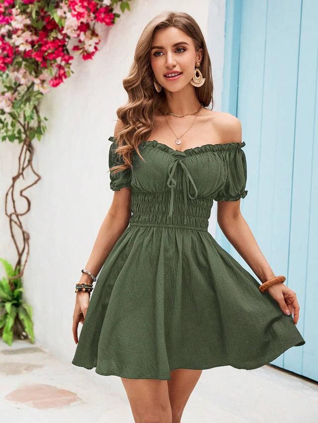 vivid eden olive green off-shoulder ruffled summer dress