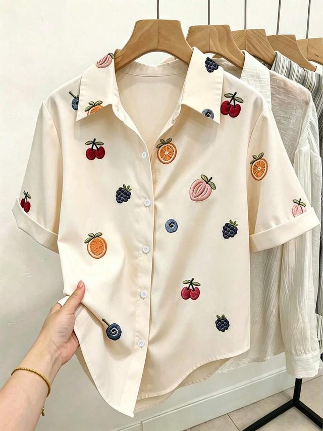 cream fruit embroidery short sleeve button-down shirt