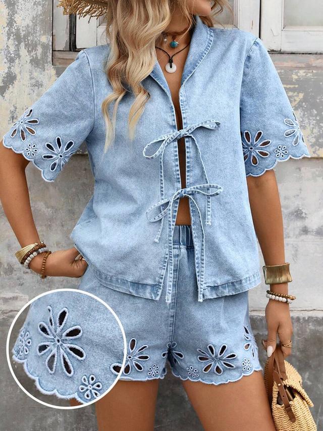 light blue denim embroidered tie front short set