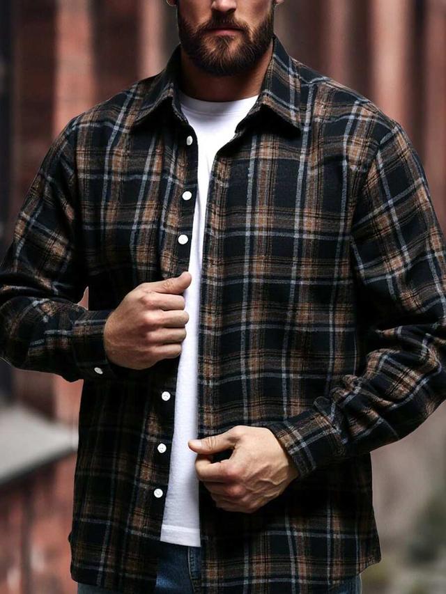 men's long sleeve brushed plaid shirt in black and coffee
