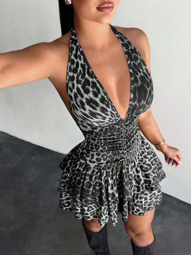 grey leopard print halter neck mini dress