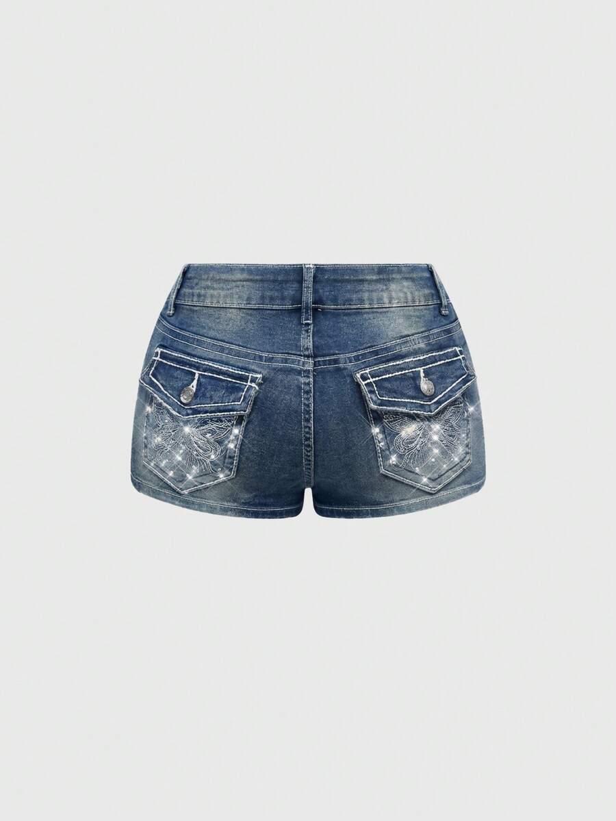 butterfly embroidery rhinestone distressed vintage denim shorts