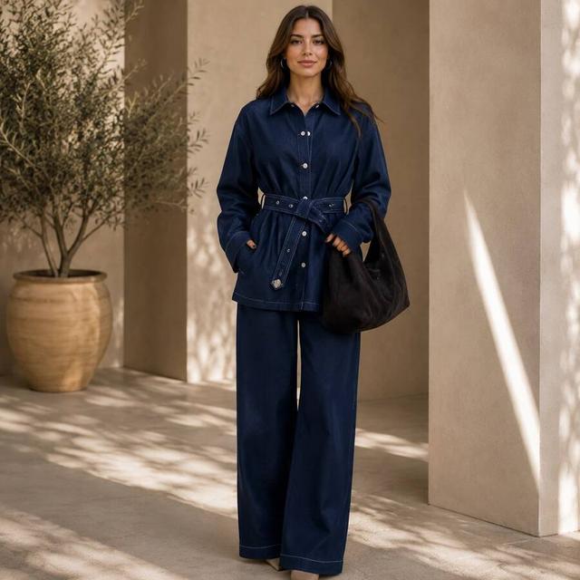 dark blue belted shirt jacket and trousers set