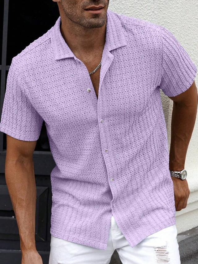 lavender textured mesh cuban collar short sleeve shirt