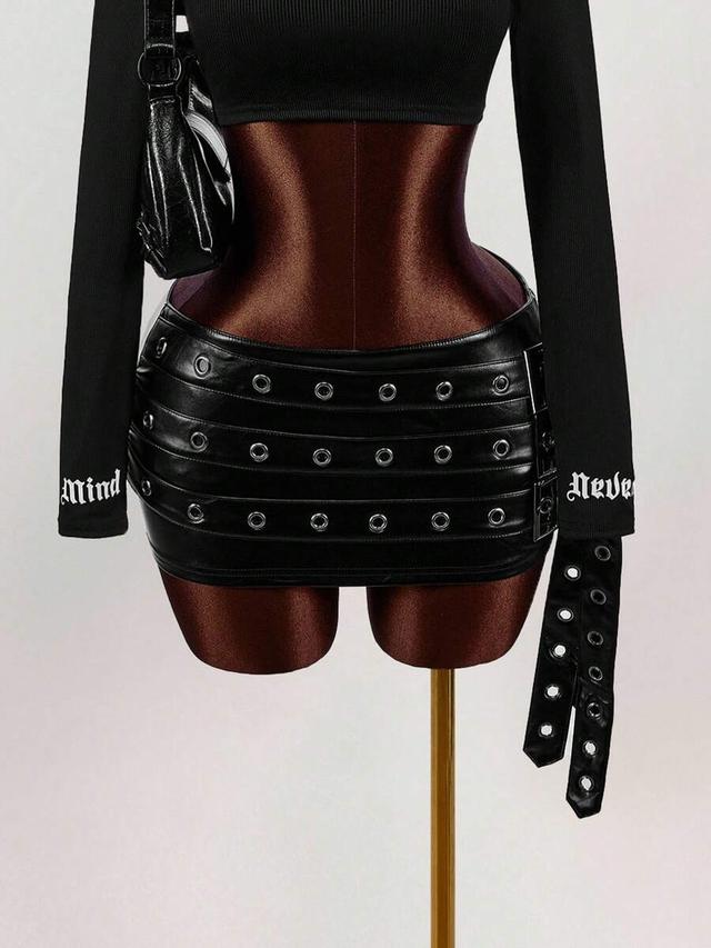 black pu leather belted mini skirt with grommets