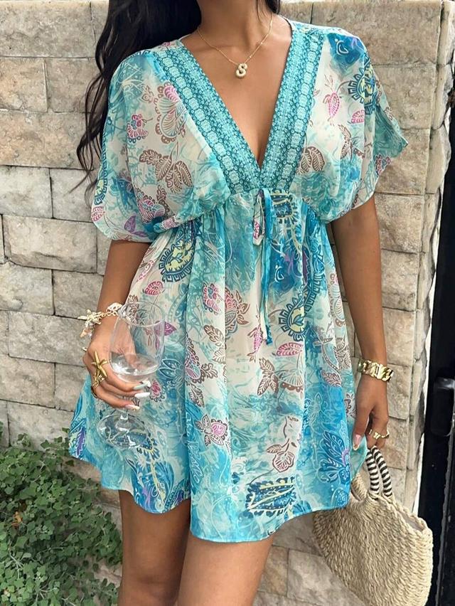 printed blue chiffon v-neck tunic dress