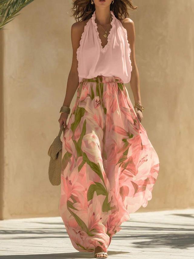 women's floral halter top and wide leg pants set