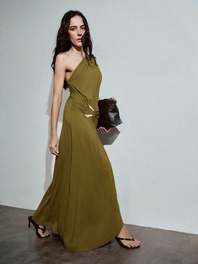 motf premium asymmetrical cut & ruched metal buckle dress