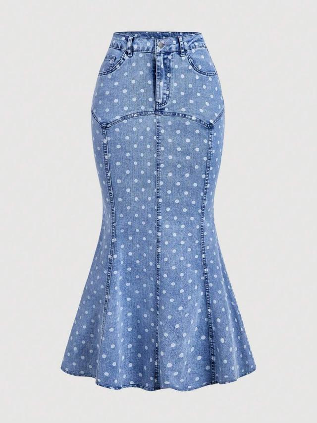 polka dot denim mermaid midi skirt