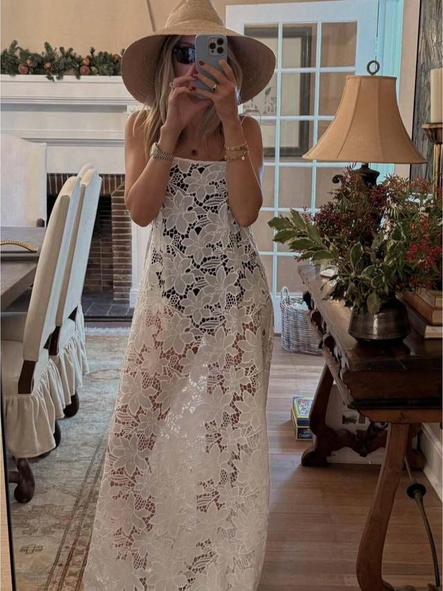 white floral lace maxi slip dress