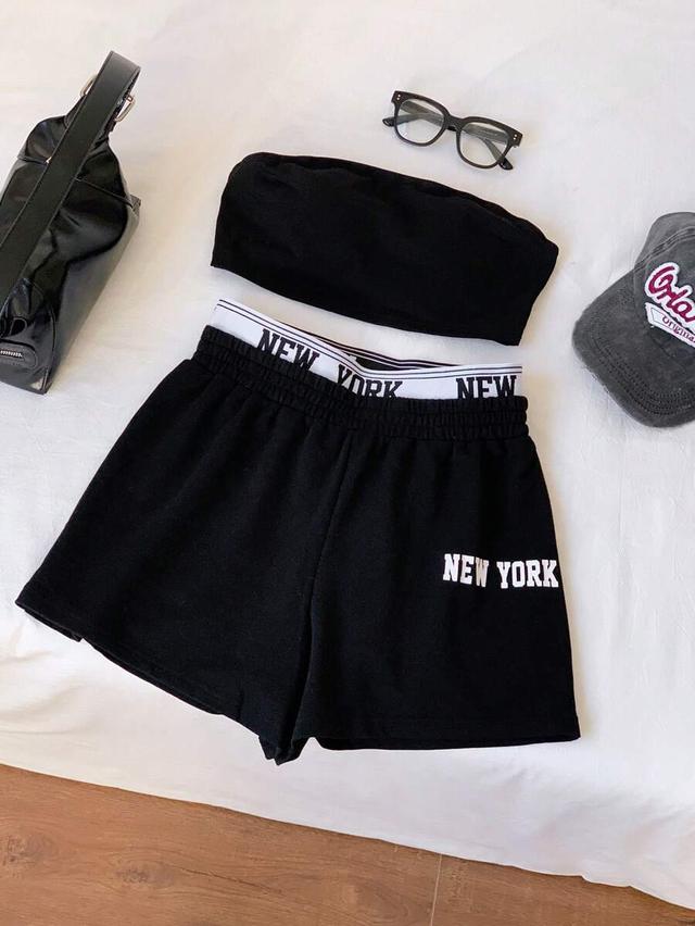 solid black knitted bandeau top and shorts set