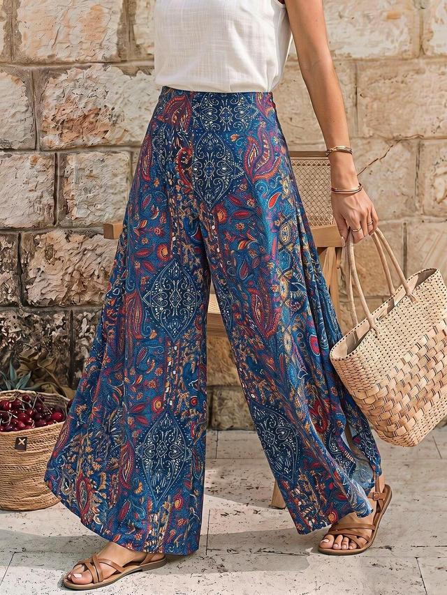 casual paisley print asymmetric hem wide leg pants