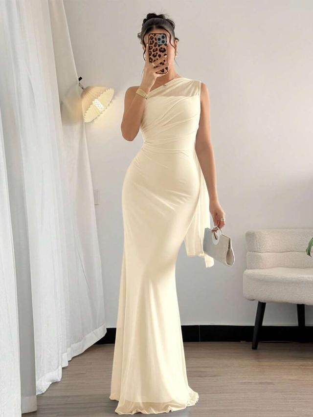 firerie cream asymmetrical neck bodycon maxi dress