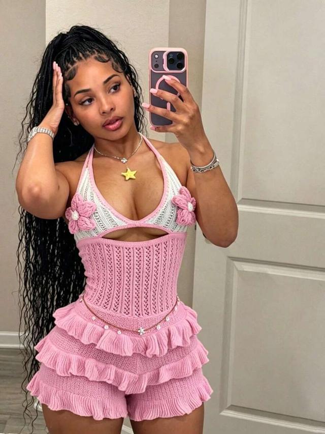 y2k baddie knitted halter romper with floral cutouts