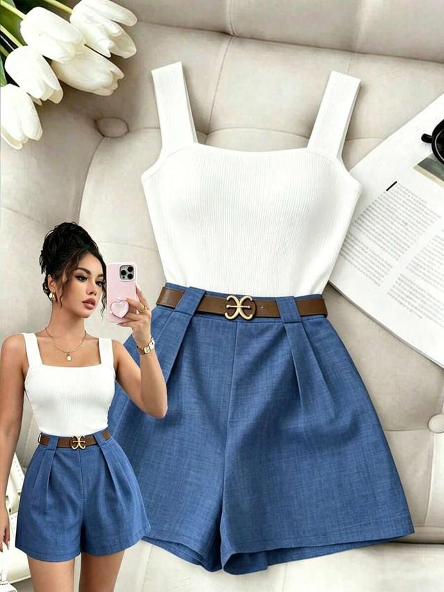 blue french elegant square neck camisole and shorts set