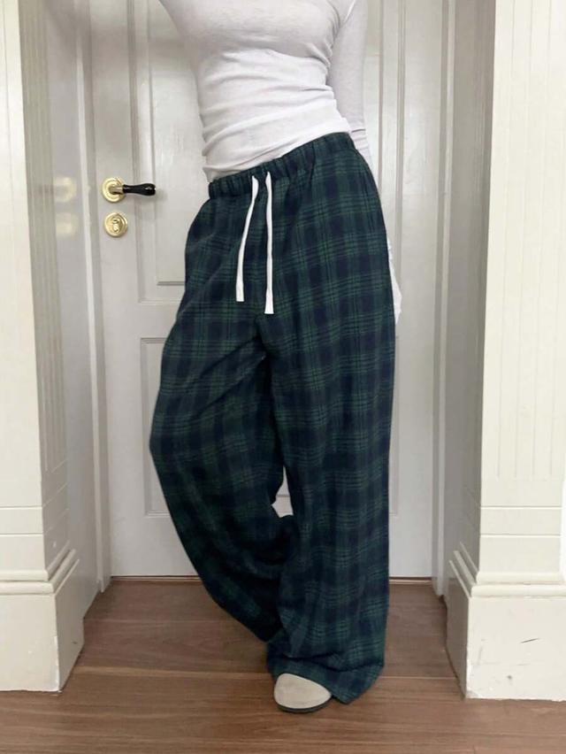 women's plaid colorblock blue and green wide leg pants